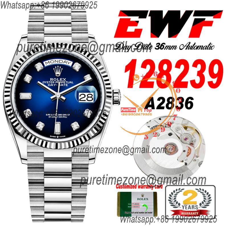 EWF DayDate 36 128349 A2836 Automatic Mens Watch Fluted Bezel Blue Diamond Dial President Bracelet Best Edition