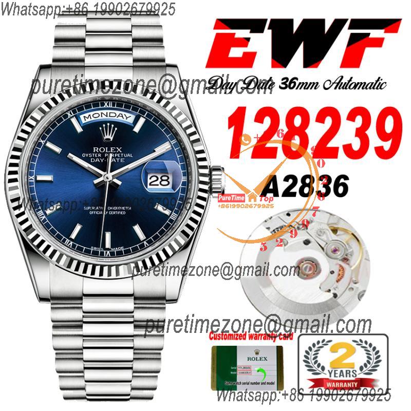 EWF DayDate 36 128349 A2836 Automatic Mens Watch Fluted Bezel Blue Stick Dial President Bracelet Best Edition