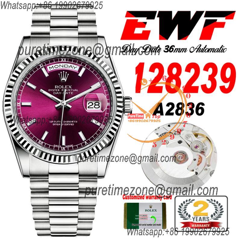 EWF DayDate 36 128349 A2836 Automatic Mens Watch Fluted Bezel Cherry Red Stick Dial President Bracelet Best Edition