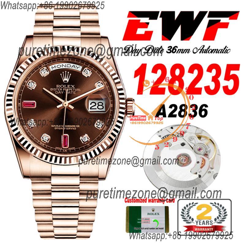 EWF DayDate 36 128349 A2836 Automatic Mens Watch RG Fluted Bezel Dark Brown Diamond Dial President Bracelet Best Edition