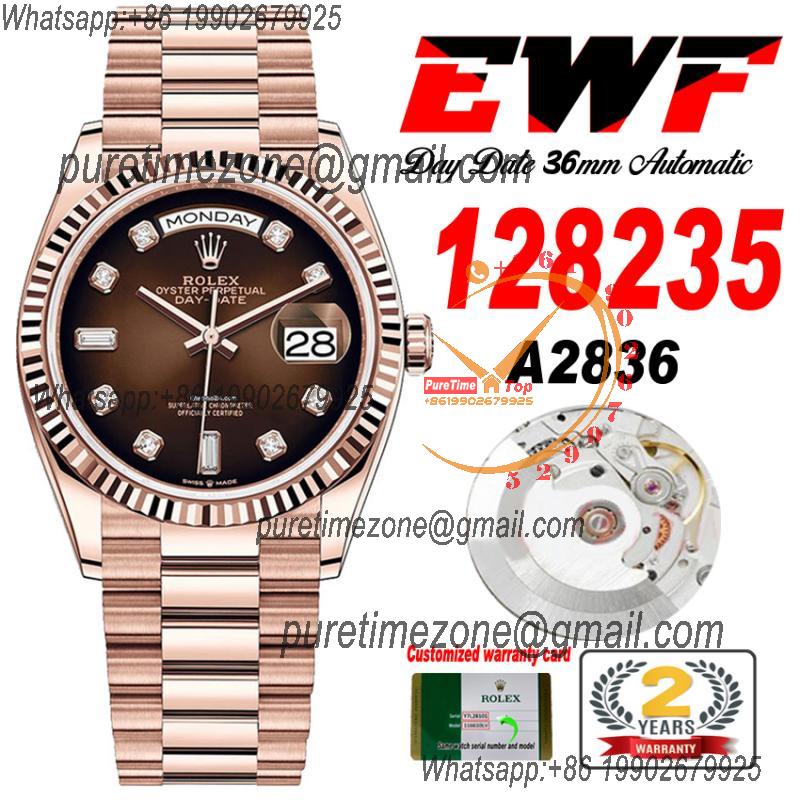 EWF DayDate 36 128349 A2836 Automatic Mens Watch RG Fluted Bezel Brown Diamond Dial President Bracelet Best Edition