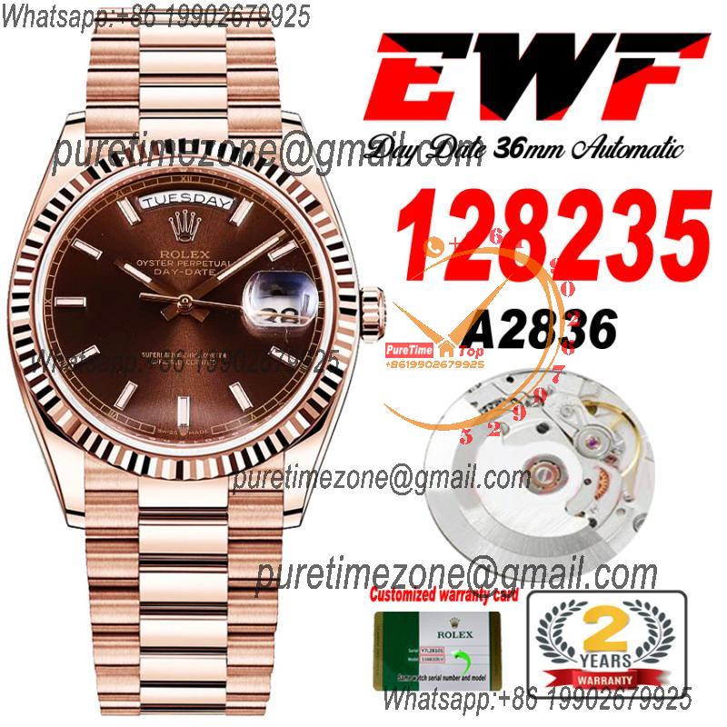 EWF DayDate 36 128349 A2836 Automatic Mens Watch RG Fluted Bezel Brown Stick Dial President Bracelet Best Edition