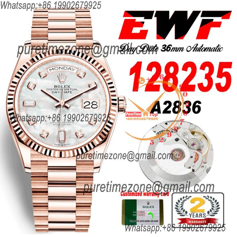 EWF DayDate 36 128349 A2836 Automatic Mens Watch RG Fluted Bezel MOP Diamond Dial President Bracelet Best Edition