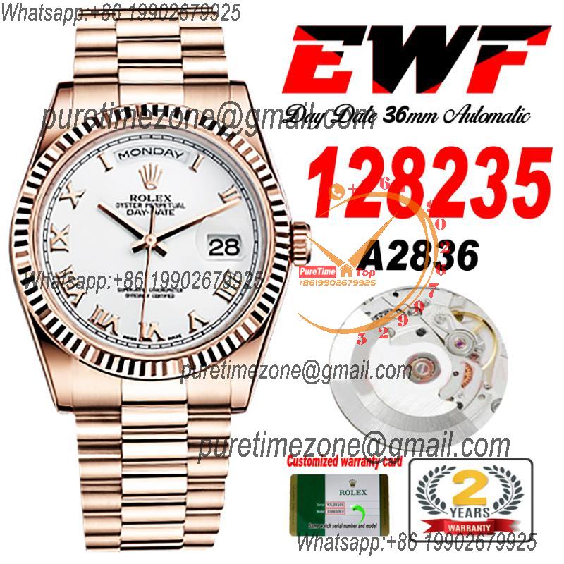 EWF DayDate 36 128349 A2836 Automatic Mens Watch RG Fluted Bezel Silver Roman Dial President Bracelet Best Edition