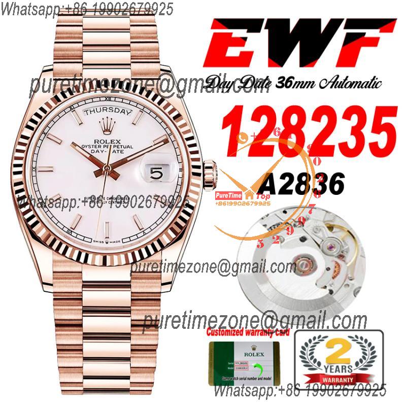 EWF DayDate 36 128349 A2836 Automatic Mens Watch RG Fluted Bezel Silver Stick Dial President Bracelet Best Edition