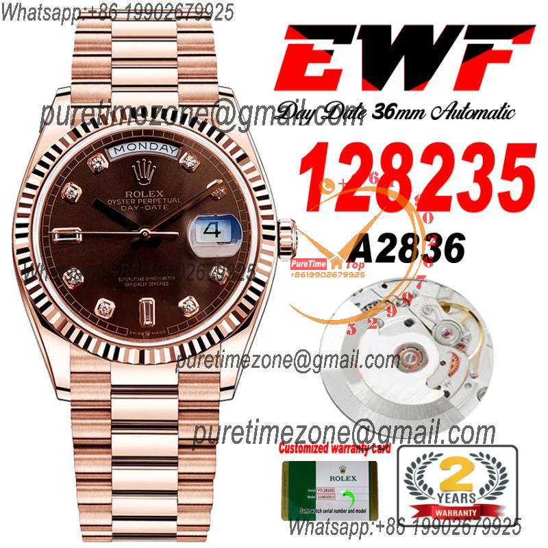 EWF DayDate 36 128349 A2836 Automatic Mens Watch RG Fluted Bezel Brown Diamond Dial President Bracelet Best Edition