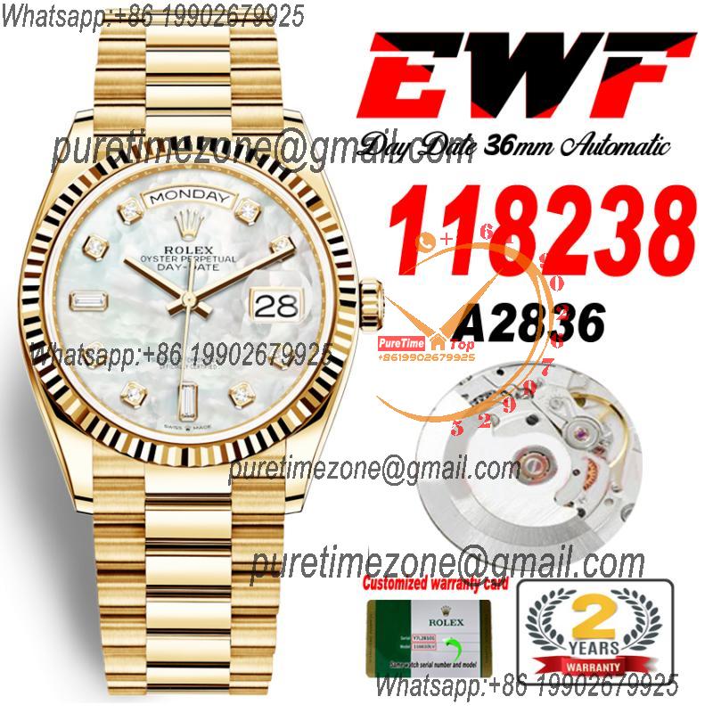 EWF DayDate 36 128238 A2836 Automatic Mens Watch YG Fluted Bezel MOP Diamond Dial President Bracelet Best Edition