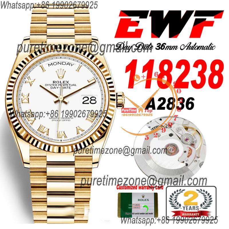 EWF DayDate 36 128238 A2836 Automatic Mens Watch YG Fluted Bezel Silver Roman Dial President Bracelet Best Edition