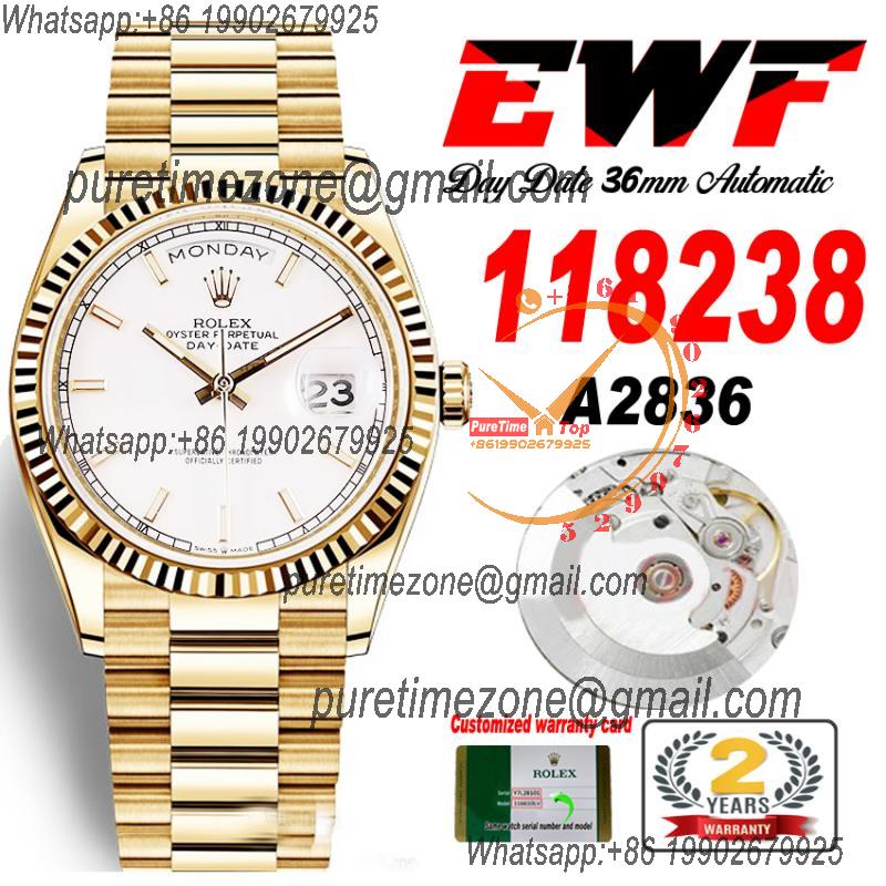 EWF DayDate 36 128238 A2836 Automatic Mens Watch YG Fluted Bezel Silver Stick Dial President Bracelet Best Edition