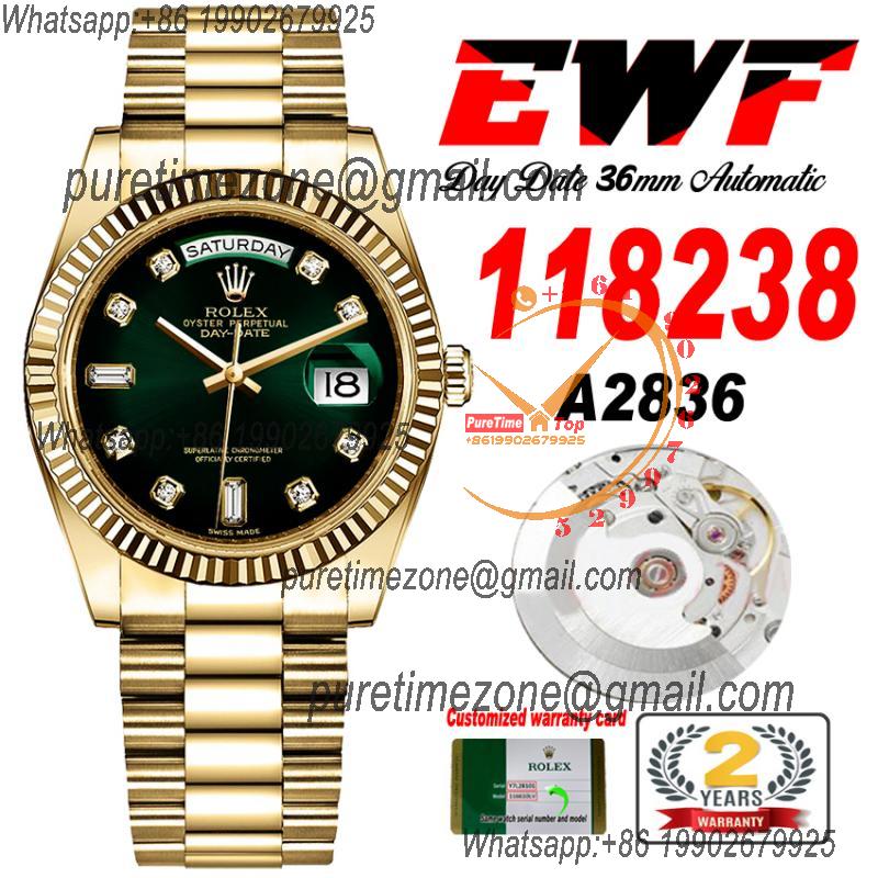 EWF DayDate 36 128238 A2836 Automatic Mens Watch YG Fluted Bezel Green Diamond Dial President Bracelet Best Edition