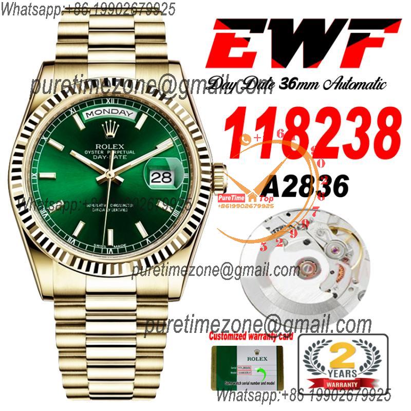 EWF DayDate 36 128238 A2836 Automatic Mens Watch YG Fluted Bezel Green Stick Dial President Bracelet Best Edition