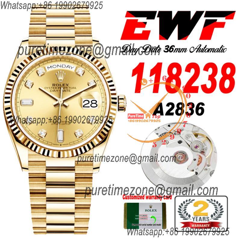 EWF DayDate 36 128238 A2836 Automatic Mens Watch YG Fluted Bezel Gold Diamond Dial President Bracelet Best Edition