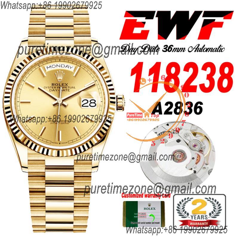 EWF DayDate 36 128238 A2836 Automatic Mens Watch YG Fluted Bezel Gold Stick Dial President Bracelet Best Edition