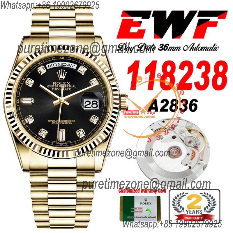 EWF DayDate 36 128238 A2836 Automatic Mens Watch YG Fluted Bezel Black Diamond Dial President Bracelet Best Edition