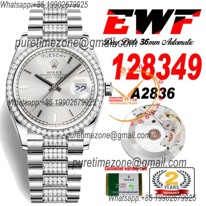 EWF DayDate 36 128349 A2836 Automatic Mens Watch Silver Stick Dial Diamond Bezel And President Bracelet Best Edition