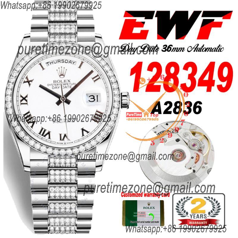 EWF DayDate 36 128349 A2836 Automatic Mens Watch White Roman Dial Diamond Bezel And President Bracelet Best Edition