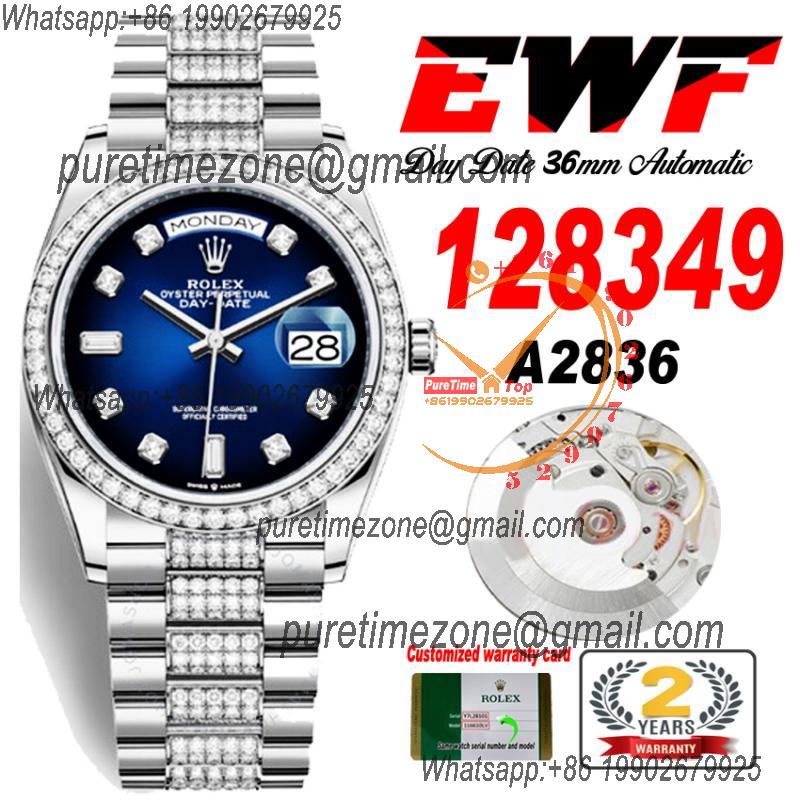 EWF DayDate 36 128349 A2836 Automatic Mens Watch Blue Dial Diamond Bezel And President Bracelet Best Edition