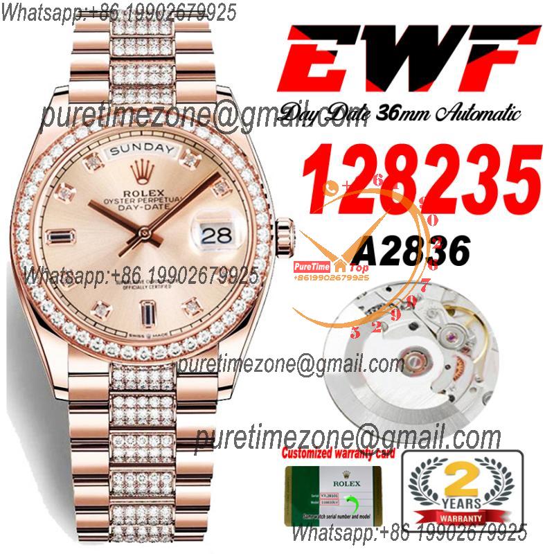 EWF DayDate 36 128349 A2836 Automatic Mens Watch RG Champagne Dial Diamond Bezel And President Bracelet Best Edition