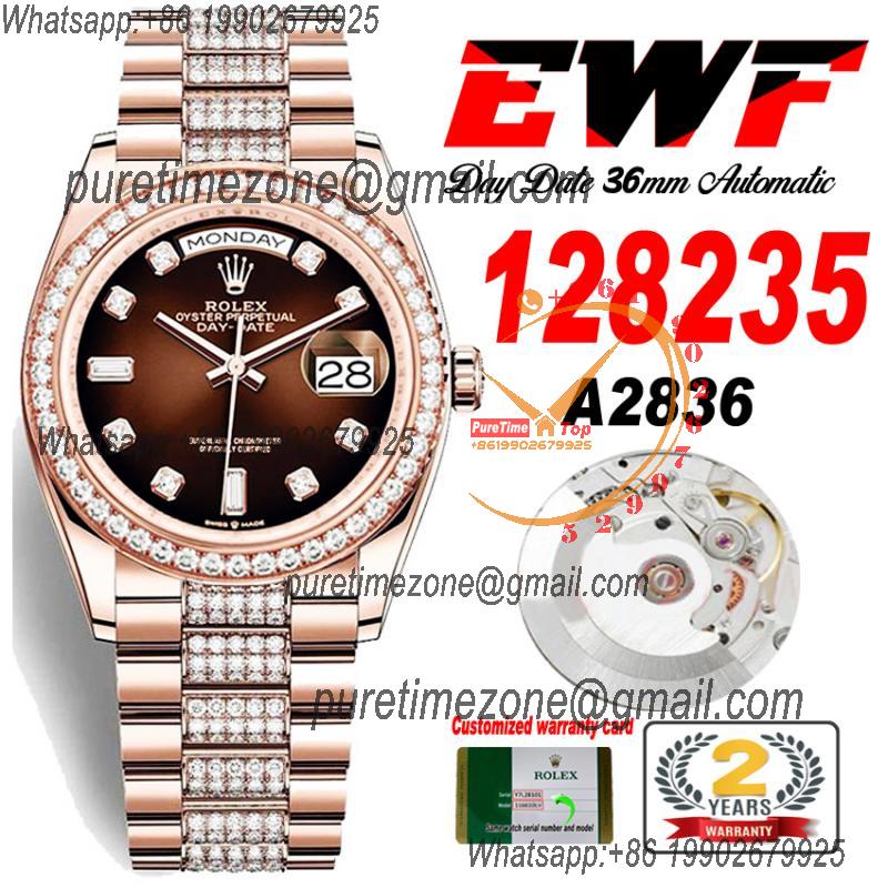 EWF DayDate 36 128349 A2836 Automatic Mens Watch RG Brown Dial Diamond Bezel And President Bracelet Best Edition