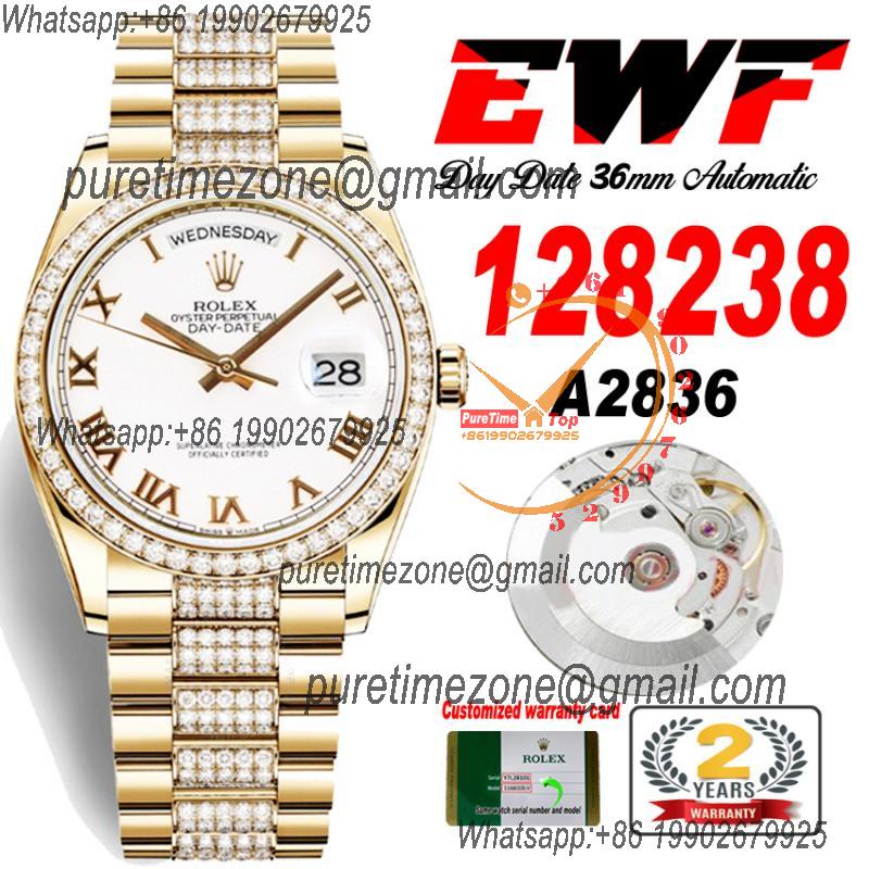 EWF DayDate 36 128349 A2836 Automatic Mens Watch YG White Roman Dial Diamond Bezel And President Bracelet Best Edition