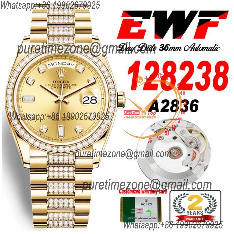 EWF DayDate 36 128349 A2836 Automatic Mens Watch YG White Gold Dial Diamond Bezel And President Bracelet Best Edition