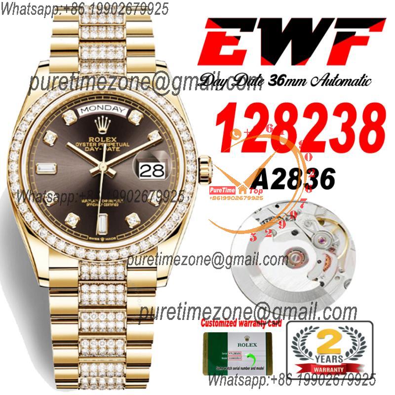 EWF DayDate 36 128349 A2836 Automatic Mens Watch YG Brown Dial Diamond Bezel And President Bracelet Best Edition