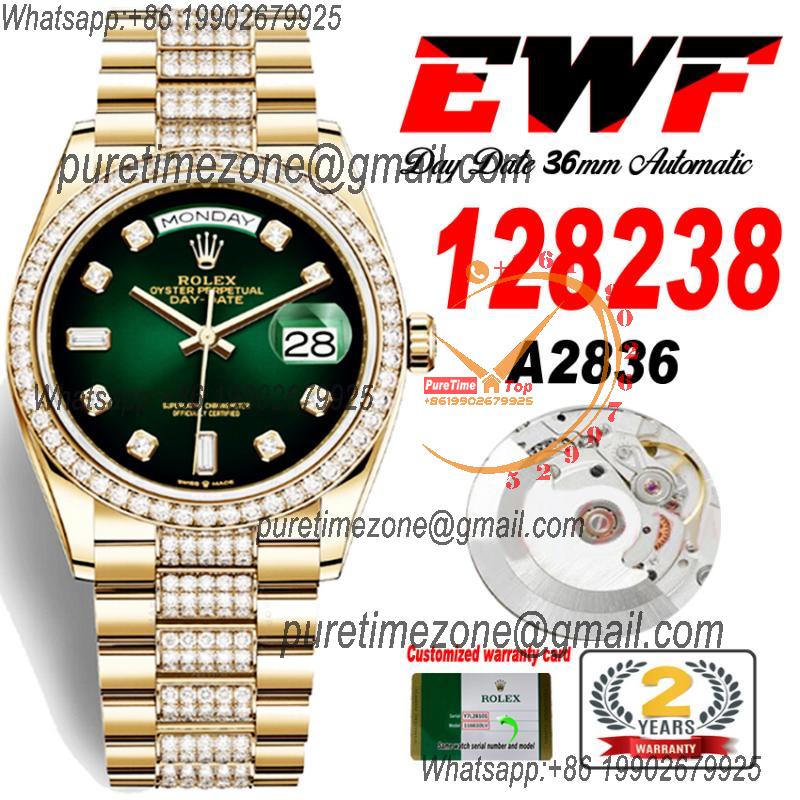 EWF DayDate 36 128349 A2836 Automatic Mens Watch YG Green Dial Diamond Bezel And President Bracelet Best Edition