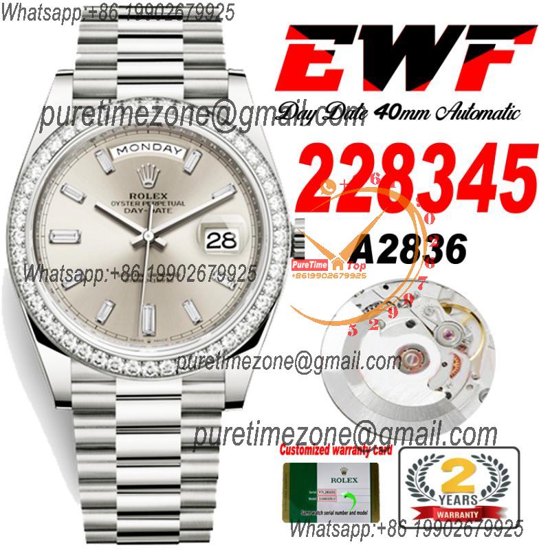 EWF DayDate 40 228345 A2836 Automatic Mens Watch Diamond Bezel Silver Dial President Bracelet Best Edition