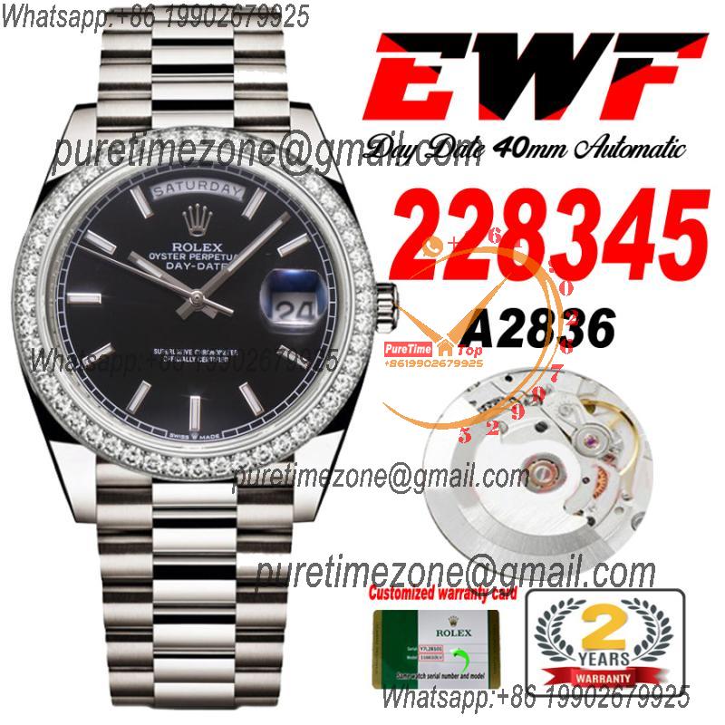 EWF DayDate 40 228345 A2836 Automatic Mens Watch Diamond Bezel Black Dial President Bracelet Best Edition