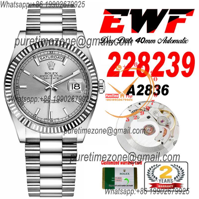 EWF DayDate 40 228239 A2836 Automatic Mens Watch Silver Stick Dial President Bracelet Best Edition