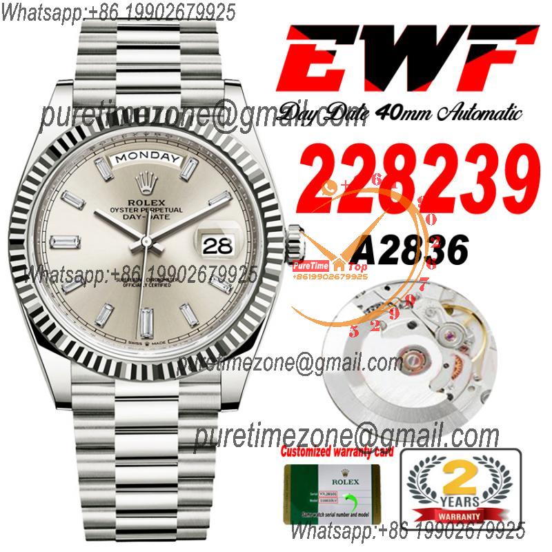 EWF DayDate 40 228239 A2836 Automatic Mens Watch Silver Diamond Stick Dial President Bracelet Best Edition