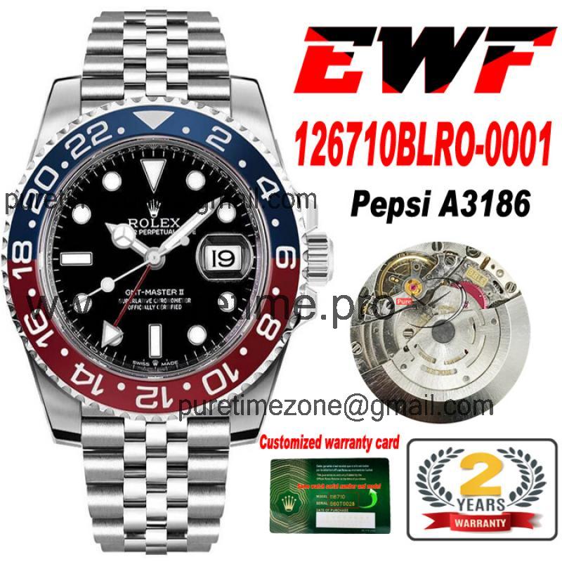 EWF GMT-Master II 126710  A3186 Automatic Mens Watch Pepsi Black Dial 904L Steel Jubilee Bracelet Best Edition