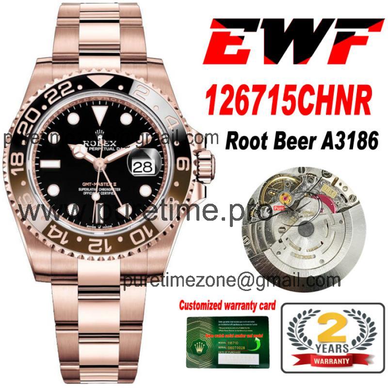 EWF GMT-Master II 126715 A3186 Automatic Mens Watch RG Root Beer Black Dial 904L Steel Oyster Bracelet Best Edition