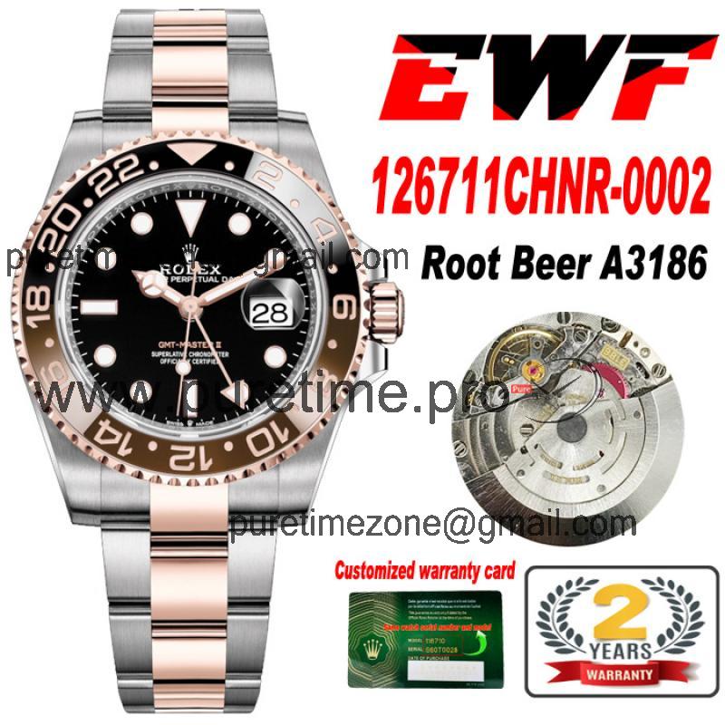 EWF GMT-Master II 126711 A3186 Automatic Mens Watch Two Tone RG Root Beer Black Dial 904L OysterSteel Bracelet Best Edio