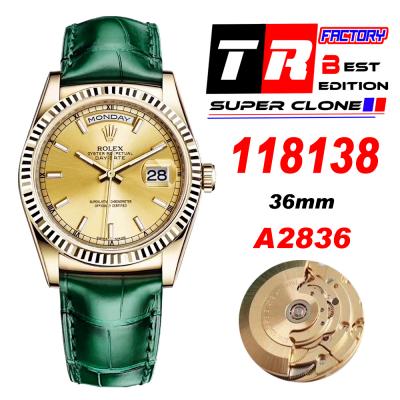 Day-Date 118138 36MM A2836 Automatic Mens Watch Best Edition TRF Yellow Gold Gold Dial  Green Leather