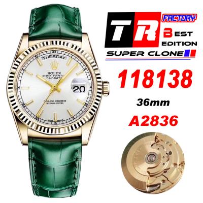 Day-Date 118138 36mm A2836 Automatic Mens Watch Best Edition TRF Yellow Gold Silver Dial Green Leather