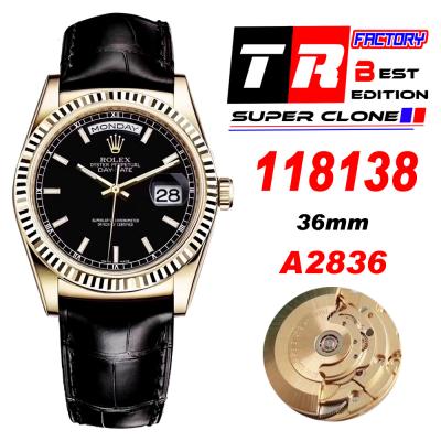 Day-Date 118138 36mm A2836 Automatic Mens Watch Best Edition TRF Yellow Gold Black Dial  Black Leather