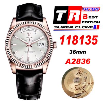 Day-Date 118138 36mm A2836 Automatic Mens Watch Best Edition TRF Rose Gold Silver Dial  Black Leather