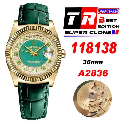 Day-Date 118138 36mm A2836 Automatic Mens Watch Best Edition TRF YG Green Diamonds Dial Green Leather