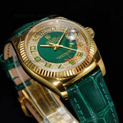 Day-Date 118138 36mm A2836 Automatic Mens Watch Best Edition TRF YG Green Diamonds Dial Green Leather