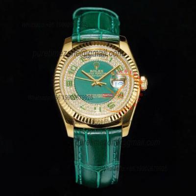 Day-Date 118138 36mm A2836 Automatic Mens Watch Best Edition TRF YG Green Diamonds Dial Green Leather