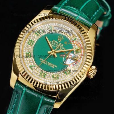 Day-Date 118138 36mm A2836 Automatic Mens Watch Best Edition TRF YG Green Diamonds Dial Green Leather