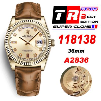 Day-Date 118138 36mm A2836 Automatic Mens Watch Best Edition TRF YG Gold Dial Diamond Brown Leather