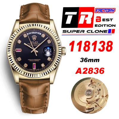 TRF Day-Date 118138 36mm A2836 Automatic Mens Watch YG Black Dial Diamond Brown Leather Best Edition