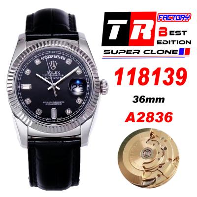 TRF Day-Date 118139 36mm A2836 Automatic Mens Watch Black Dial Diamond Black Leather Best Edition