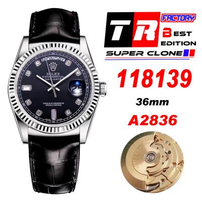 TRF Day-Date 118139 36mm A2836 Automatic Mens Watch Black Dial Diamond Black Leather Best Edition