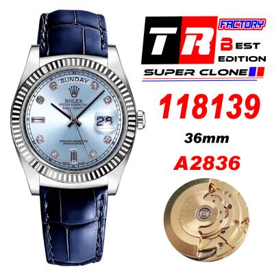 TRF Day-Date 118139 36mm A2836 Automatic Mens Watch ICE Blue Dial Diamond Blue Leather Best Edition