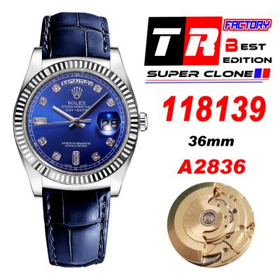 TRF Day-Date 118139 36mm A2836 Automatic Mens Watch Blue Dial Diamond Blue Leather Best Edition