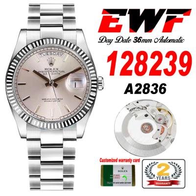 EWF DayDate 36 128349 A2836 Automatic Mens Watch Fluted Bezel Silver Stick Dial President Bracelet Best Edition