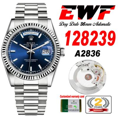 EWF DayDate 36 128349 A2836 Automatic Mens Watch Fluted Bezel Blue Stick Dial President Bracelet Best Edition